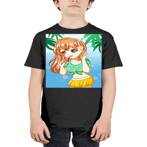 Beautiful and cute girl yellow hair with ice cream in beach in the summer 178# - anime - Youth Tee Unisex