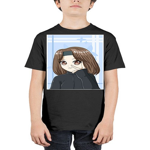 Beautiful and happy girl brown short hair with black jacket 89# - anime - Youth Tee Unisex