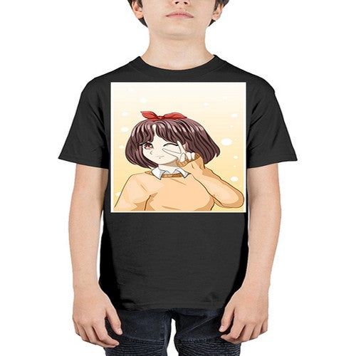 Beautiful and happy girl brown short hair with cheers hand 86# - anime - Youth Tee Unisex