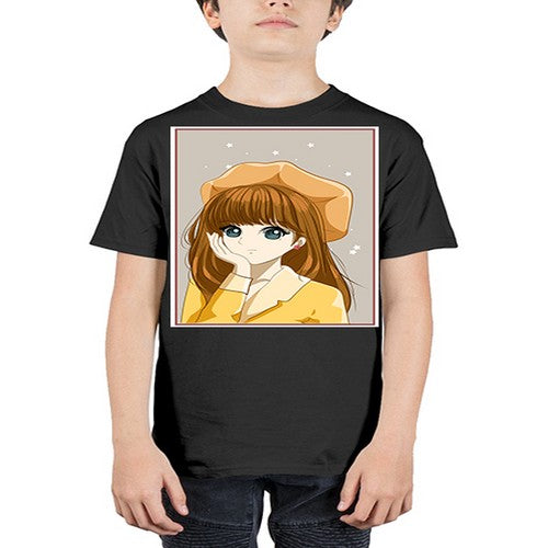 Beautiful and pretty girl brown long hair with yellow hat 128# - anime - Youth Tee Unisex