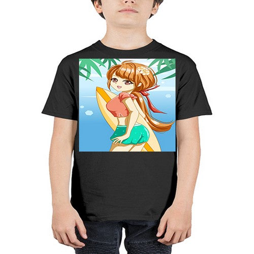 Beautiful girl with surfing board in summer 119# - anime - Youth Tee Unisex