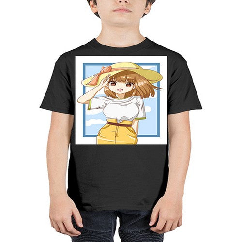 Cute and beautiful girl brown hair with yellow hat in the summer 148# - anime - Youth Tee Unisex
