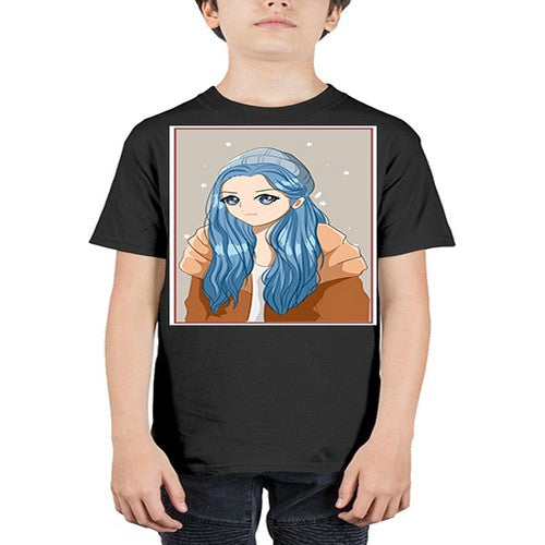 Cute and beautiful girl long blue hair in the winter 142# - anime - Youth Tee Unisex