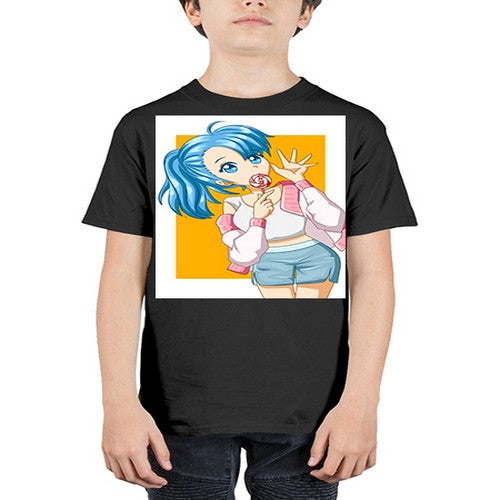 Cute and happy girl blue hair eating the lollipop 112# - anime - Youth Tee Unisex