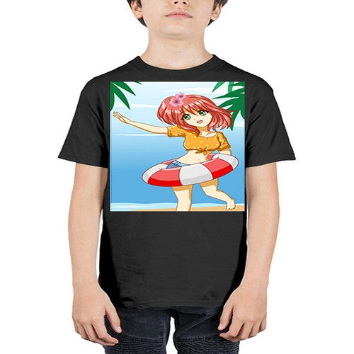 Cute and happy girl in beach with buoy in the summer 184# - anime - Youth Tee Unisex