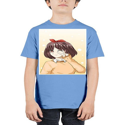 Beautiful and happy girl brown short hair with cheers hand 86# - anime - Youth Tee Unisex