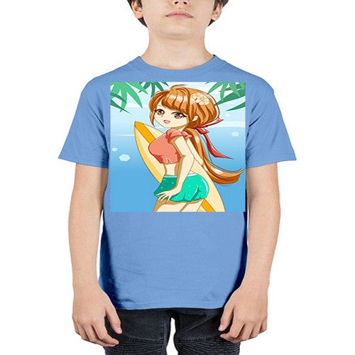 Beautiful girl with surfing board in summer 119# - anime - Youth Tee Unisex