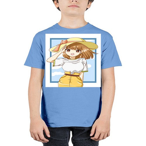 Cute and beautiful girl brown hair with yellow hat in the summer 148# - anime - Youth Tee Unisex