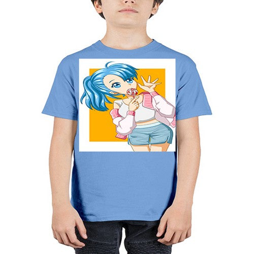 Cute and happy girl blue hair eating the lollipop 112# - anime - Youth Tee Unisex
