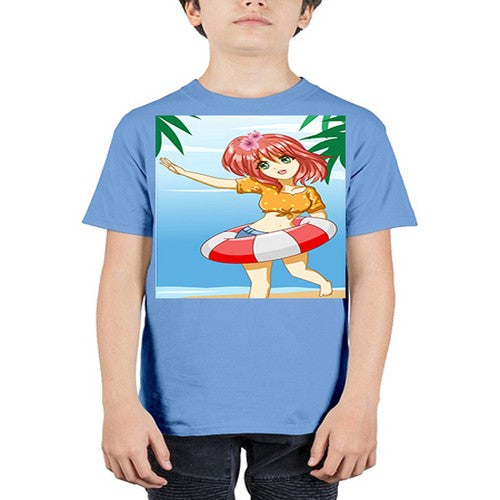 Cute and happy girl in beach with buoy in the summer 184# - anime - Youth Tee Unisex