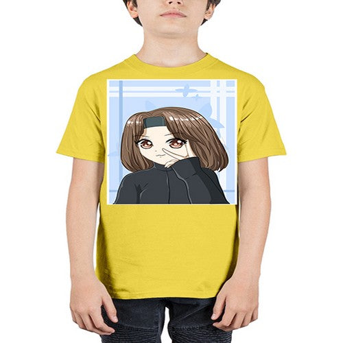 Beautiful and happy girl brown short hair with black jacket 89# - anime - Youth Tee Unisex
