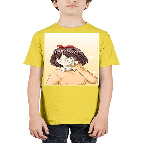 Beautiful and happy girl brown short hair with cheers hand 86# - anime - Youth Tee Unisex