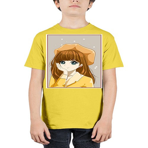 Beautiful and pretty girl brown long hair with yellow hat 128# - anime - Youth Tee Unisex