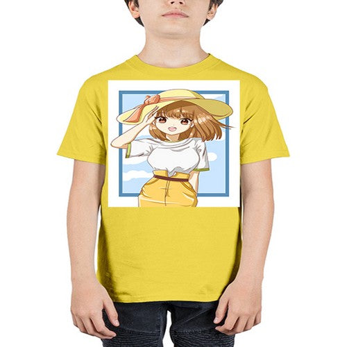 Cute and beautiful girl brown hair with yellow hat in the summer 148# - anime - Youth Tee Unisex