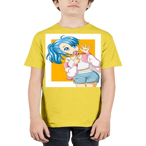 Cute and happy girl blue hair eating the lollipop 112# - anime - Youth Tee Unisex