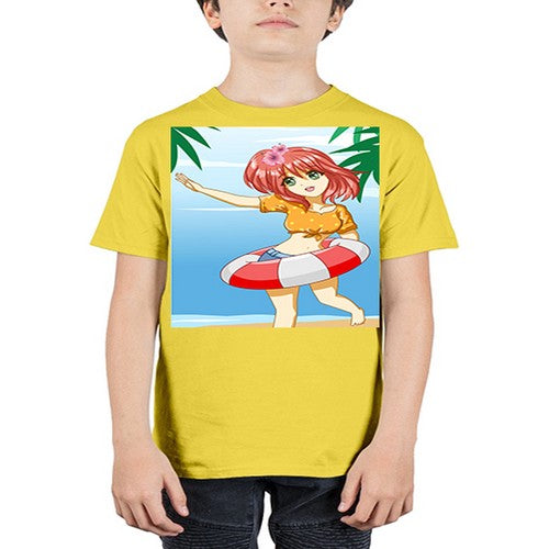 Cute and happy girl in beach with buoy in the summer 184# - anime - Youth Tee Unisex