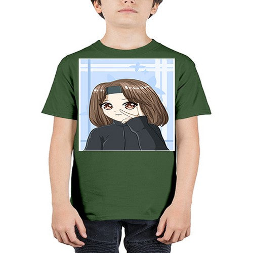Beautiful and happy girl brown short hair with black jacket 89# - anime - Youth Tee Unisex
