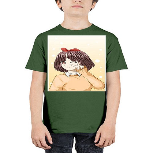 Beautiful and happy girl brown short hair with cheers hand 86# - anime - Youth Tee Unisex