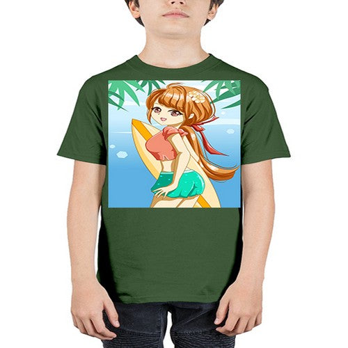 Beautiful girl with surfing board in summer 119# - anime - Youth Tee Unisex