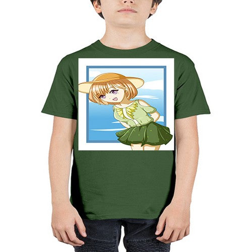 Cute and beautiful girl brown hair with green dress in the summer 159# - anime - Youth Tee Unisex