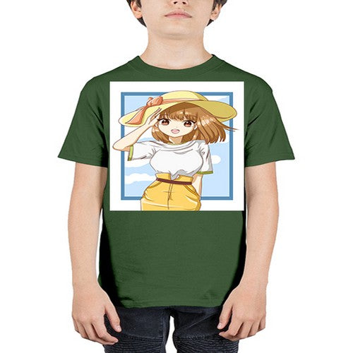 Cute and beautiful girl brown hair with yellow hat in the summer 148# - anime - Youth Tee Unisex