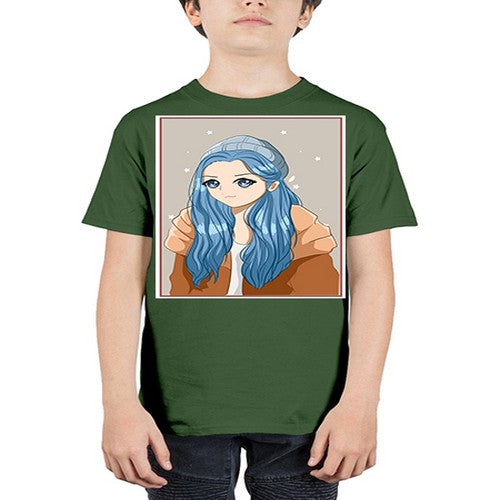 Cute and beautiful girl long blue hair in the winter 142# - anime - Youth Tee Unisex