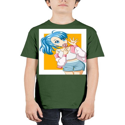 Cute and happy girl blue hair eating the lollipop 112# - anime - Youth Tee Unisex