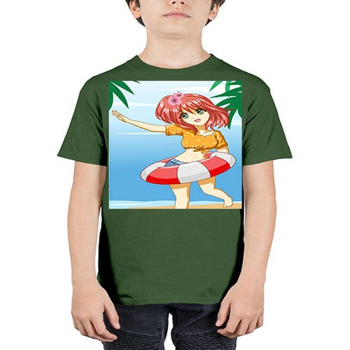 Cute and happy girl in beach with buoy in the summer 184# - anime - Youth Tee Unisex