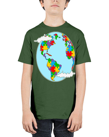 earth autism awareness heart puzzle 83# - autism - Youth Tee Unisex