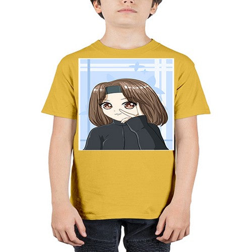 Beautiful and happy girl brown short hair with black jacket 89# - anime - Youth Tee Unisex