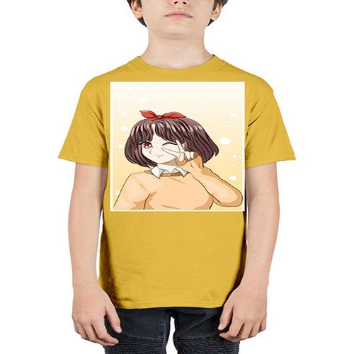 Beautiful and happy girl brown short hair with cheers hand 86# - anime - Youth Tee Unisex