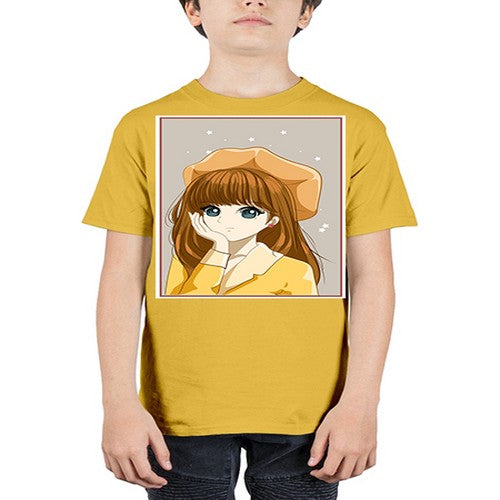 Beautiful and pretty girl brown long hair with yellow hat 128# - anime - Youth Tee Unisex