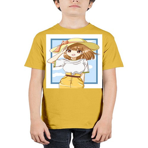Cute and beautiful girl brown hair with yellow hat in the summer 148# - anime - Youth Tee Unisex
