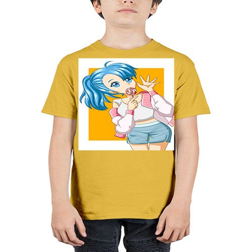 Cute and happy girl blue hair eating the lollipop 112# - anime - Youth Tee Unisex