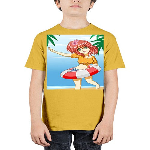 Cute and happy girl in beach with buoy in the summer 184# - anime - Youth Tee Unisex