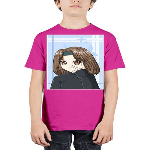 Beautiful and happy girl brown short hair with black jacket 89# - anime - Youth Tee Unisex