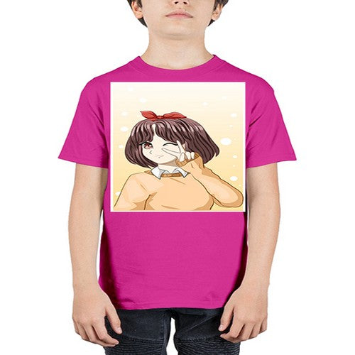 Beautiful and happy girl brown short hair with cheers hand 86# - anime - Youth Tee Unisex