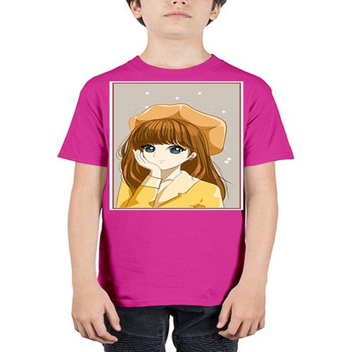 Beautiful and pretty girl brown long hair with yellow hat 128# - anime - Youth Tee Unisex
