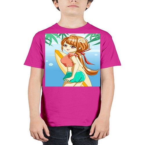 Beautiful girl with surfing board in summer 119# - anime - Youth Tee Unisex