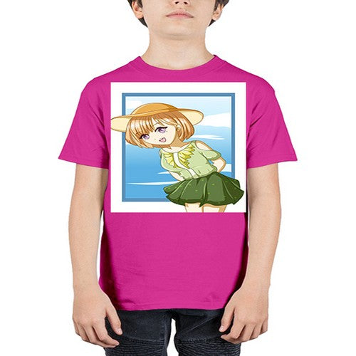 Cute and beautiful girl brown hair with green dress in the summer 159# - anime - Youth Tee Unisex