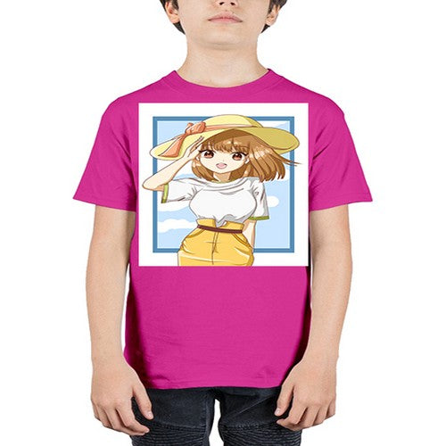 Cute and beautiful girl brown hair with yellow hat in the summer 148# - anime - Youth Tee Unisex