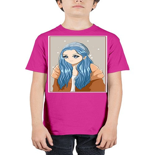 Cute and beautiful girl long blue hair in the winter 142# - anime - Youth Tee Unisex