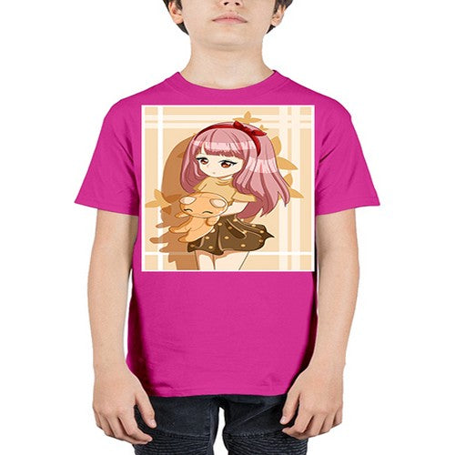 Cute and beautiful girl long pink hair with doll 9# - anime - Youth Tee Unisex