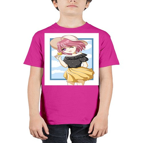Cute and beautiful girl pink hair with hat in the summer 146# - anime - Youth Tee Unisex