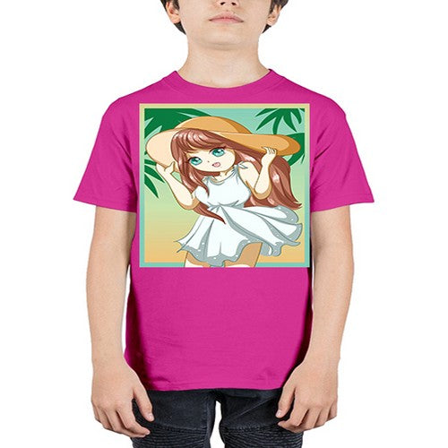 Cute and beautiful girl with white dress in beach at summer 162# - anime - Youth Tee Unisex