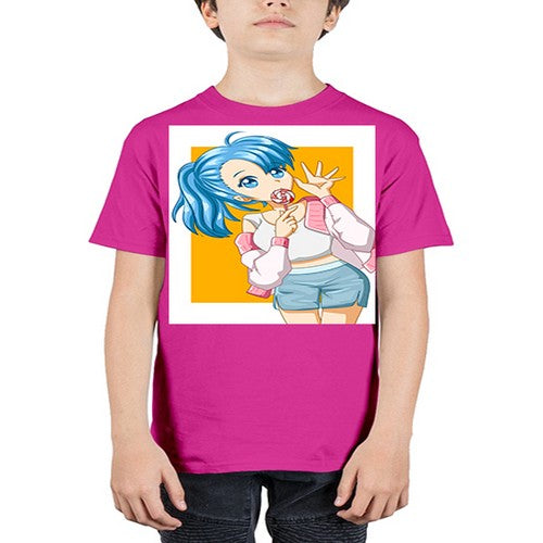 Cute and happy girl blue hair eating the lollipop 112# - anime - Youth Tee Unisex