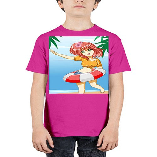 Cute and happy girl in beach with buoy in the summer 184# - anime - Youth Tee Unisex