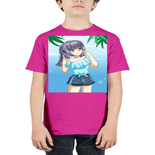 Cute and happy girl with blue shirt in summer 125# - anime - Youth Tee Unisex
