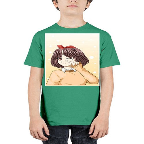 Beautiful and happy girl brown short hair with cheers hand 86# - anime - Youth Tee Unisex