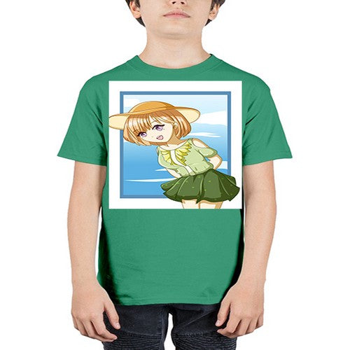 Cute and beautiful girl brown hair with green dress in the summer 159# - anime - Youth Tee Unisex